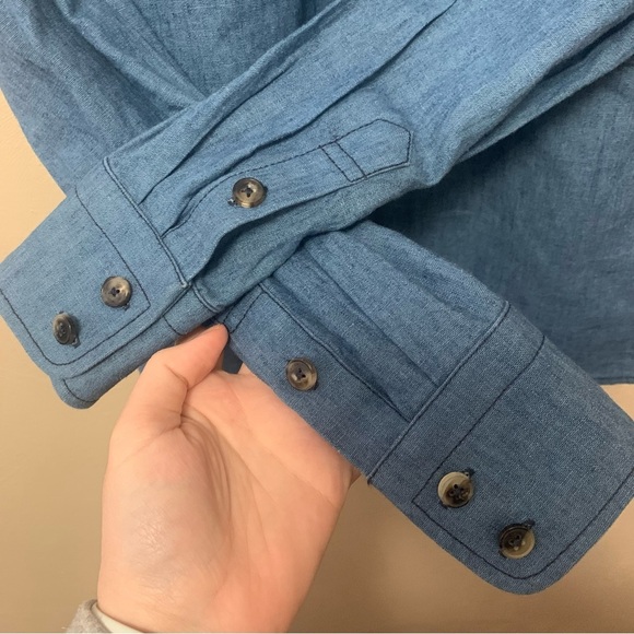 Tory Burch Chambray Ruffle Neck Blouse Size 2 Cotton Linen Blue - Picture 7 of 12